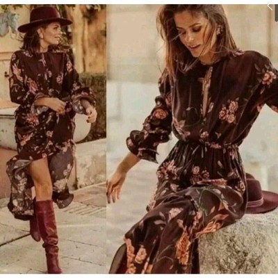 NEW Johanna Ortiz & H&M Brown Floral Ruffled Dipped Hem High Low Dress Size L-image