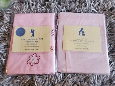 Pottery Barn Embroidered Eyelet Pillowcase & Scalloped Sabrina Basket Liner Pink-image