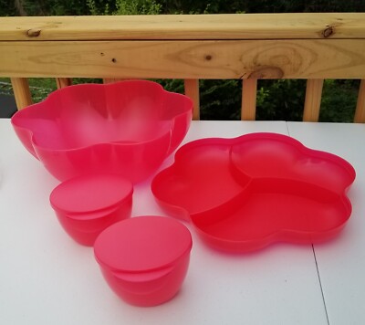 Tupperware - CHIP N Dip Set with Dip BOWLS And LIDS 6 Quart - Orange/RED New-image