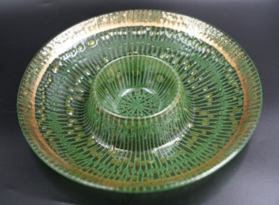 Vintage HIGGINS Art Glass Signed Mid Century Space Age Large Chip & Dip Bowl-image