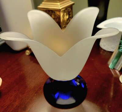 Studio Nova Tulip Shaped Frosted  Art Glass Cobalt Blue  Pedestal Vase  Portugal-image