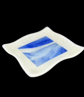 Studio Art Fused Glass Sea Blue White Boarder Square Curved Trinket Tray Dish-image