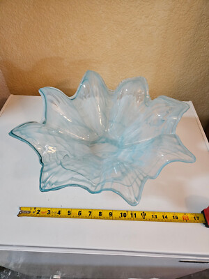 Studio Cased Glass Large Lotus Shaped Bowl Shades Baby Blue To Near Clear 19
