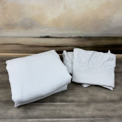 Pottery Barn Belgian Flax Linen Ruffle Duvet Cover F/Q & 2 Standard Shams Read-image