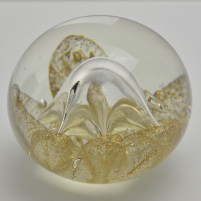 Mid Century Modern Studio Art Glass Paperweight Gold Dust / Star Shaped Bubble-image