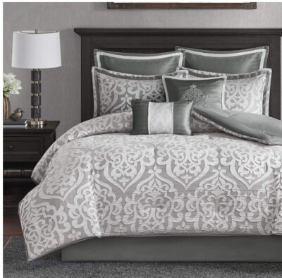 Madison Park Odette 8PC KING Comforter Set Jacquard Damask Medallion Silver NEW-image
