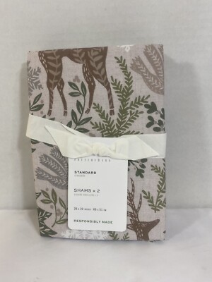 Set Of 2 POTTERY BARN WINTER SOLSTICE  PERCALE SHAMS Standard  GREEN/BROWN NWT-image