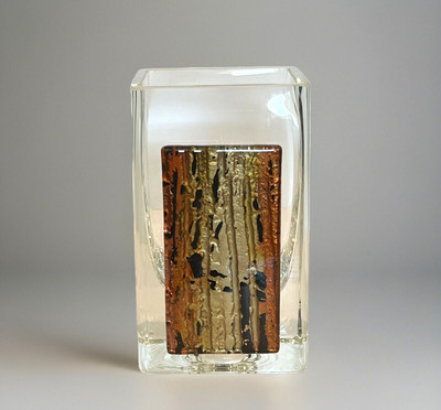 Villa Glass Studio SIGNED Clear Vase Art Deco Panel Gold, Black & Orange Poland-image