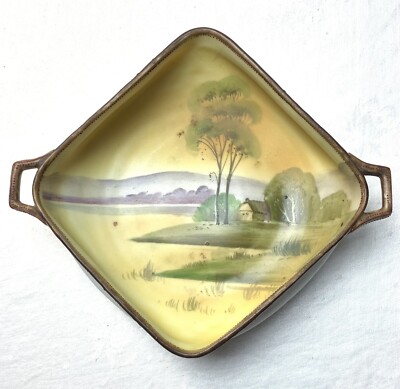 Vintage Nippon Japanese Porcelain 2 Handled Dish w/ Hand Painted Lake Scene-image