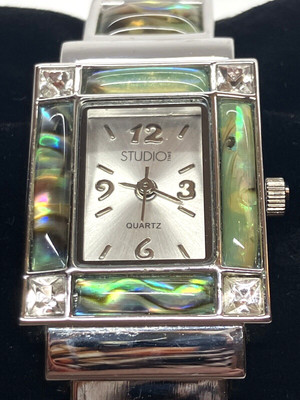 Studio Time Ladies Cuff Watch Silver Tone W/Rhinestones & Abalone - no battery-image