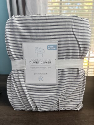 POTTERY BARN KIDS ORGANIC RUCHED STRIPE  DUVET COVER F/Q  GREY NEW-image