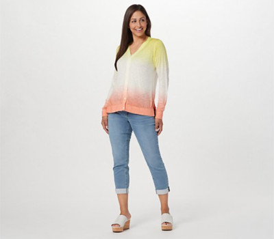 Laurie Felt Long-Sleeve Lightweight Dip Dyed Cardigan Sweater Yellow/Peach Large-image