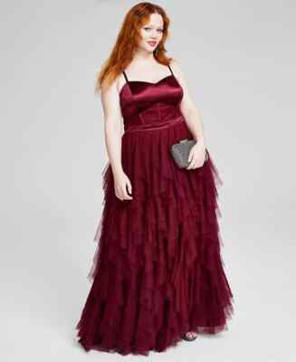 City Studios Plus Size Corset-Bodice Ruffled-Skirt Gown Juniors 18W Cabernet-image
