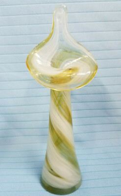 Tulip Lily Shaped Elegant Studio Art Glass Vase Container Swirls Gold White 8