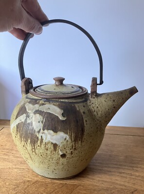 Vintage William Creitz studio pottery teapot iron handle mid century modern-image