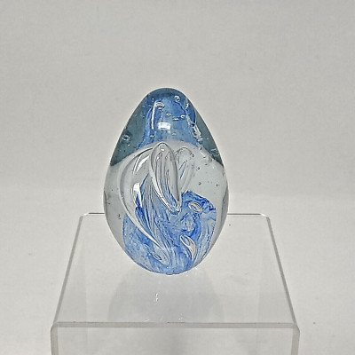 Studio Art Glass Spiral Egg Shaped Paperweight 3” T Swirls Clear With Blue-image