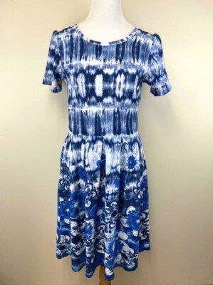 Lularoe L Amelia Dress Blue White Tie Dye Floral Flower Dipped Hem Large-image