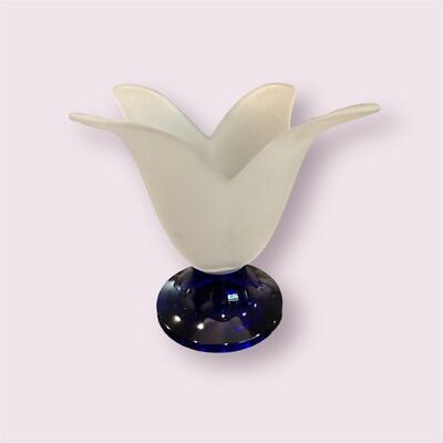 Studio Nova Tulip Shaped Frosted  Art Glass Cobalt Blue  Pedestal Vase  Portugal-image