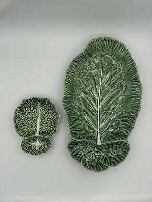 2 Bordallo Pinheiro Green Cabbage Leaf Chip & Dip 16.5” Large Serving Bowl Dish-image