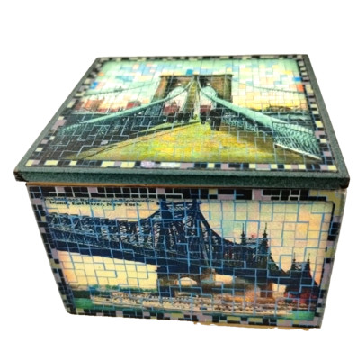 Vintage Hut Studio Wood Trinket Box Of NYC Bridges Decoupag Mosaic Pattern 3x3x2-image