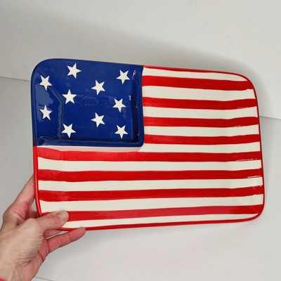 American Flag Shaped Patriotic Ceramic Veggie and Dip Party Platter-image