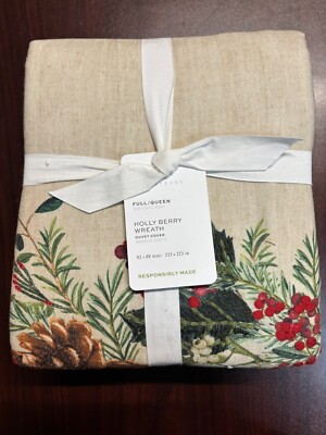 NEW POTTERY BARN Rich Holly Berry Wreath Embroidered Duvet Cover Full Queen NWT-image
