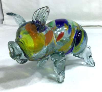 Vintage Pig Shaped Figu Iridescent Multicolor Millefiori Color Studio Art Glass-image