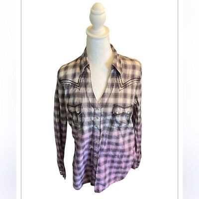 Women’s Wrangler Snap Shirt, Sz LG, Dip Dyed, Plaid, Western, Southwestern, EUC-image