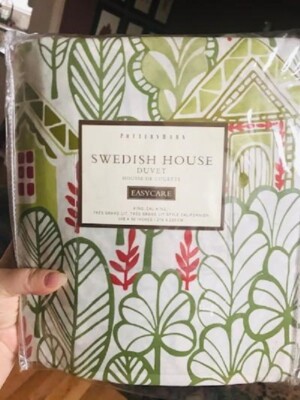 Pottery Barn Swedish House Duvet Cover Green Red King Holiday No Shams New🦩-image