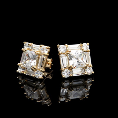 2.00CT Princess Baguette Round Simulated Diamond  Stud Earrings 14K Yellow Gold-image