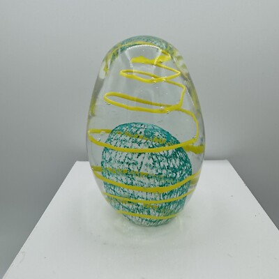 Art Glass Yellow LATTICE Teal SWIRL PAPERWEIGHT Egg Shaped Colorful Cool Vintage-image