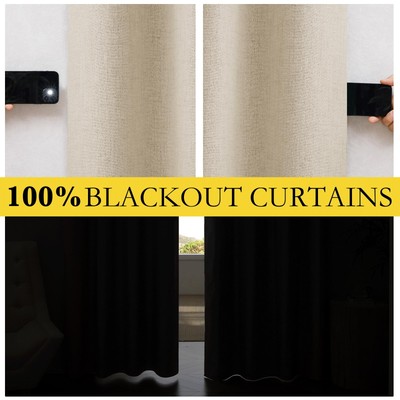 Cream Linen 100% Blackout Curtains 120 inches Length 2 Panels Set with Therma...-image
