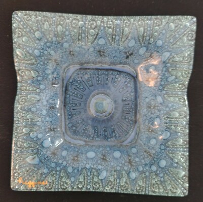 Higgins Glass Studio Fused Art Ashtray Tray Aqua Blue Signed 4” x 4” Vintage-image
