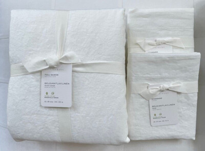 Pottery Barn BELGIAN FLAX LINEN Duvet Full Queen & Two Standard Shams White NWT-image