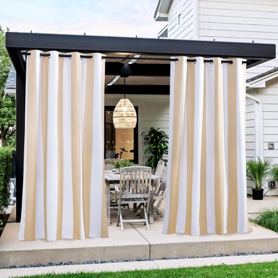 2 Panels Stripe Outdoor Curtains for Patio Waterproof, Thermal Insulated Stai...-image