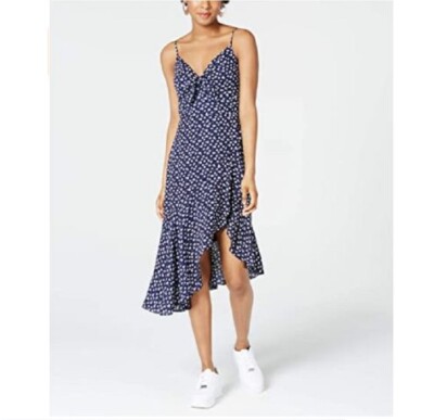 City Studio Junior Womens 9 Navy Ivory Floral Tie Front High Low Midi Dress NWT-image