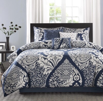 Madison Park 7 Piece Vienna Sateen Cotton Comforter -  Queen Set Indigo Damask-image
