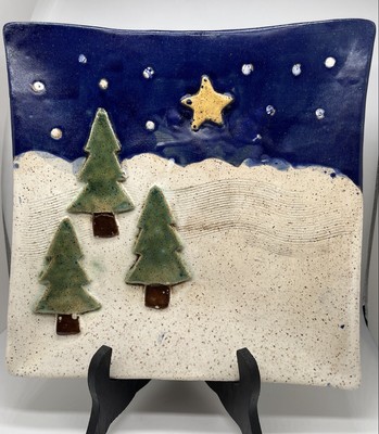 Christmas Studio Pottery Square Footed Plate 3 D Pine Trees And Star 10.5”-image