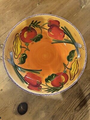 Large Clay Art Les Jardins Stonelite Bowl and 3 Section Dip Salsa Dish Peppers -image