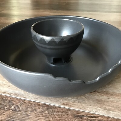 Chip And Dip Bowl Set Ceramic Black On Black Navajo Pottery Midnight Sun Rare-image