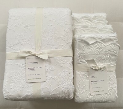 Pottery Barn ABIGAIL SCALLOPED TEXTURED Duvet King & 3 Euro Shams ~White~ NWT-image
