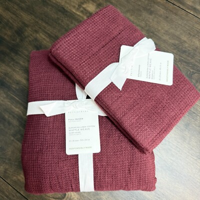 POTTERY BARN 3PC EUROPEAN FLAX LINEN WAFFLE F/Q DUVET COVER SET 2 SHAMS ~ MERLOT-image