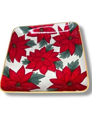 Clay Art Poinsettia Chip And Dip Hand Painted Christmas 14x14 Decor Platter-image