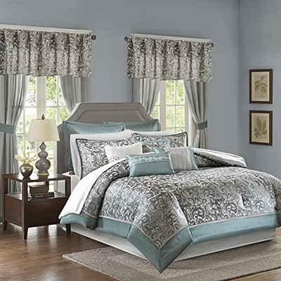  24 Piece Faux Silk Queen Comforter Set with Queen (90 in x 90 in) Paisley Teal-image