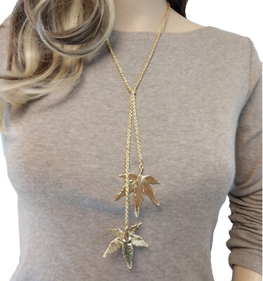 Ky & Co USA Large Genuine Leaf Metal Gold Tone Rope Chain Lariat Necklace 30