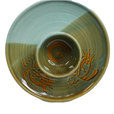 Mississippi Mud Pottery Clay Drip Glaze Large Chip Dip Turtles Green Illinois-image