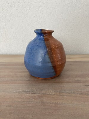Small Oval Shaped Blue And Red Clay Glazed Hand Thrown Pottery Bud Vase-image