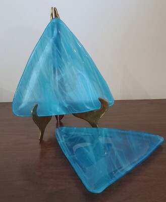 2 Mid-Century Modern Triangle Shaped Studio Art Blue Swirl Glass Dishes Plates-image