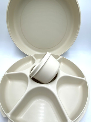 Vtg Almond Tupperware 3 Pc Veggie Fruit Food Dip Server Tray 6 Compartment Large-image