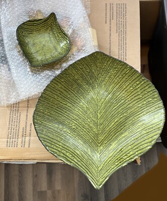 Princess House Large Leaf Platter & Small Bowl Green Glass Chip Dip Set 1488 NEW-image